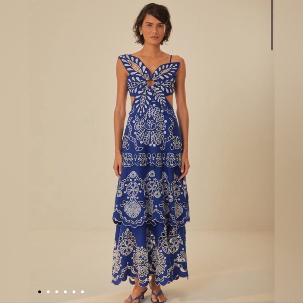 FARM Rio Blue and White Midi Dress with Cutout Knot Detail